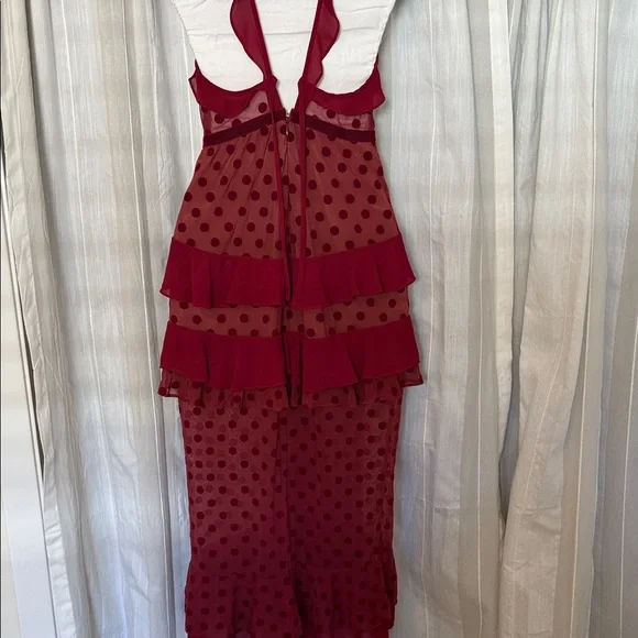 For Love & Lemons Dotty Dress Women’s Small Red Sheer Mesh Ruffle Midi Cocktail - Picture 7 of 9